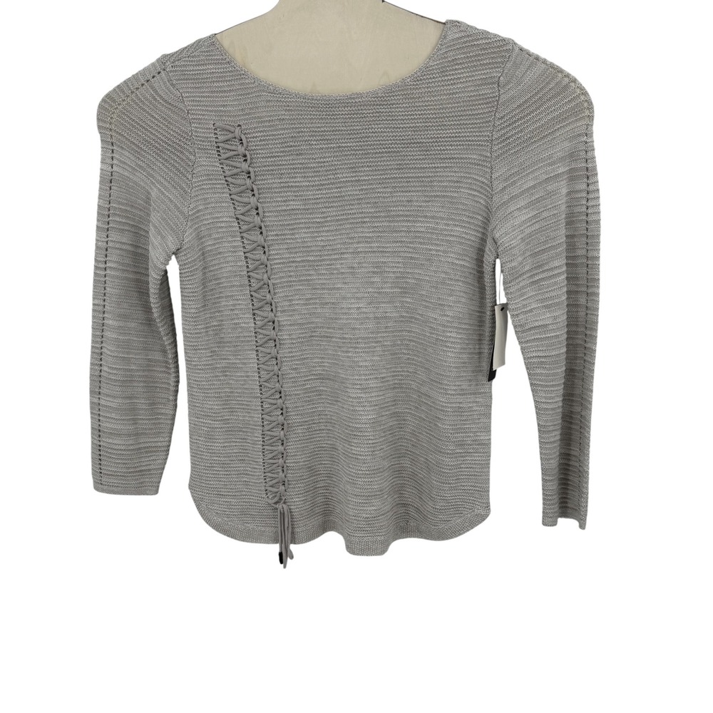 NWT NIC+ZOE Sweater Women L Gray Cotton Linen Lace Up Open Knit Pullover